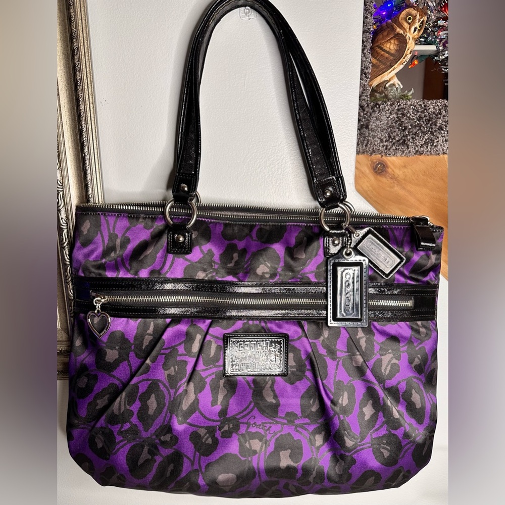 Coach POPPY Handbag Purple and Black Satin Ocelet Shoulder Bag
